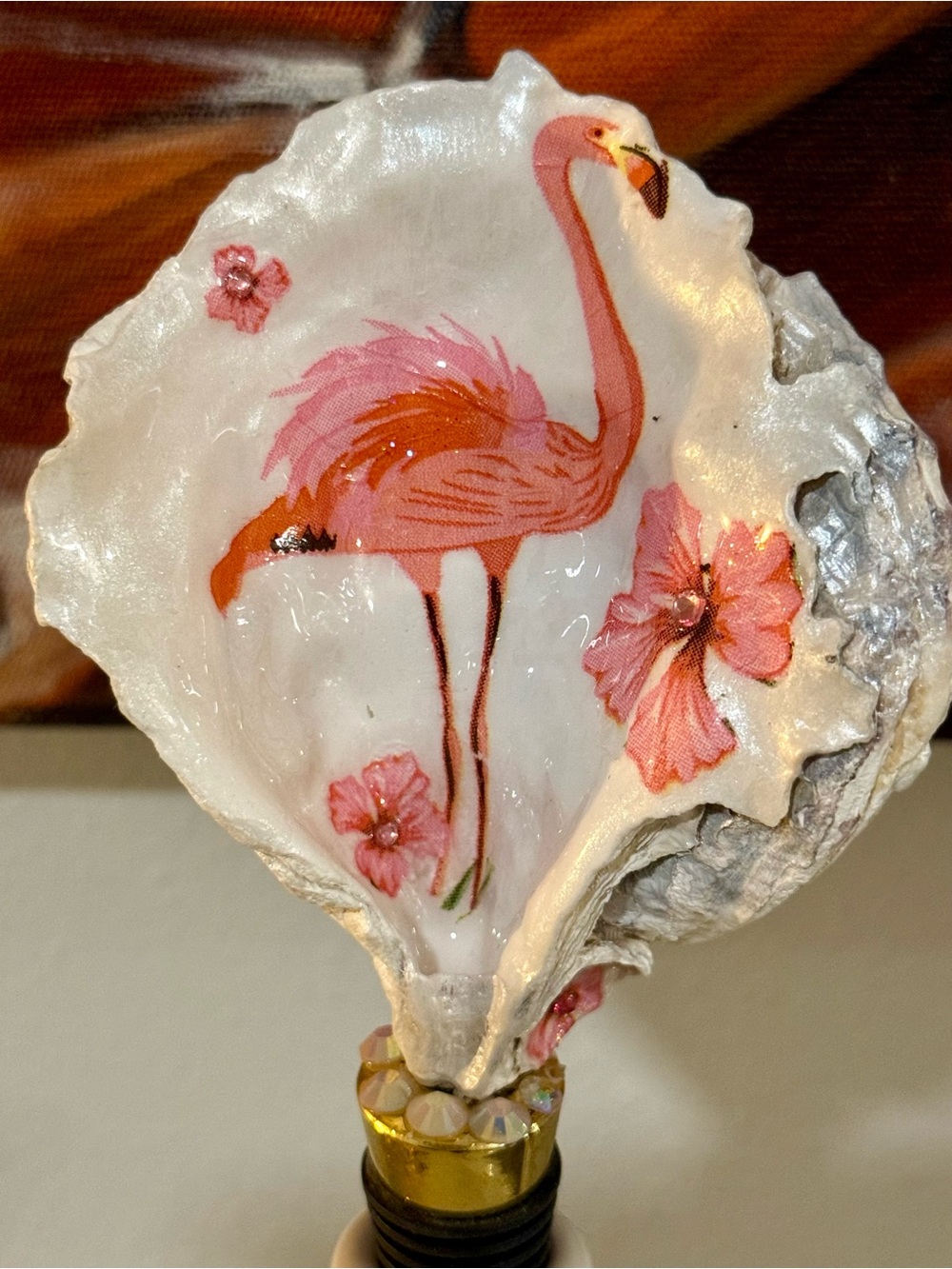 Pink Flamingo Decorative Oyster Shell wine stopper